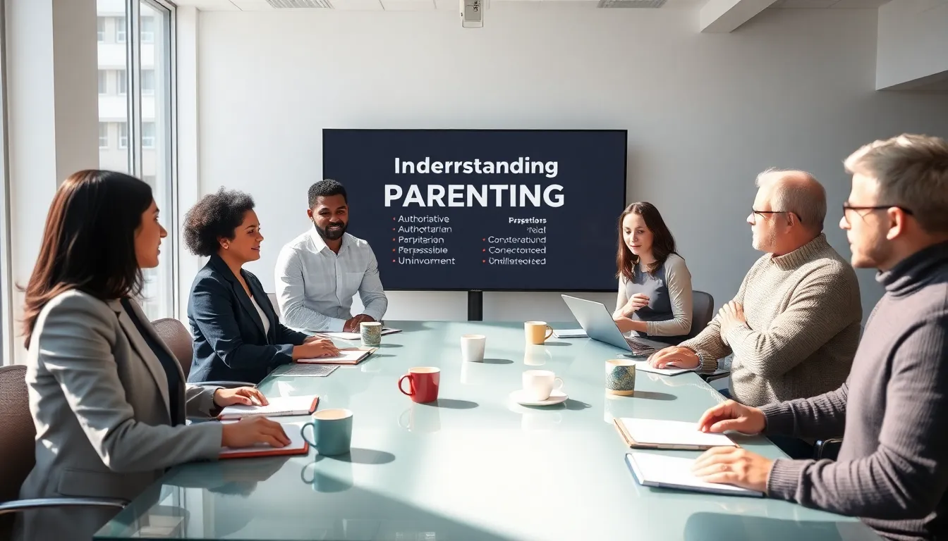 group of diverse professionals discussing parenting styles in a modern office.