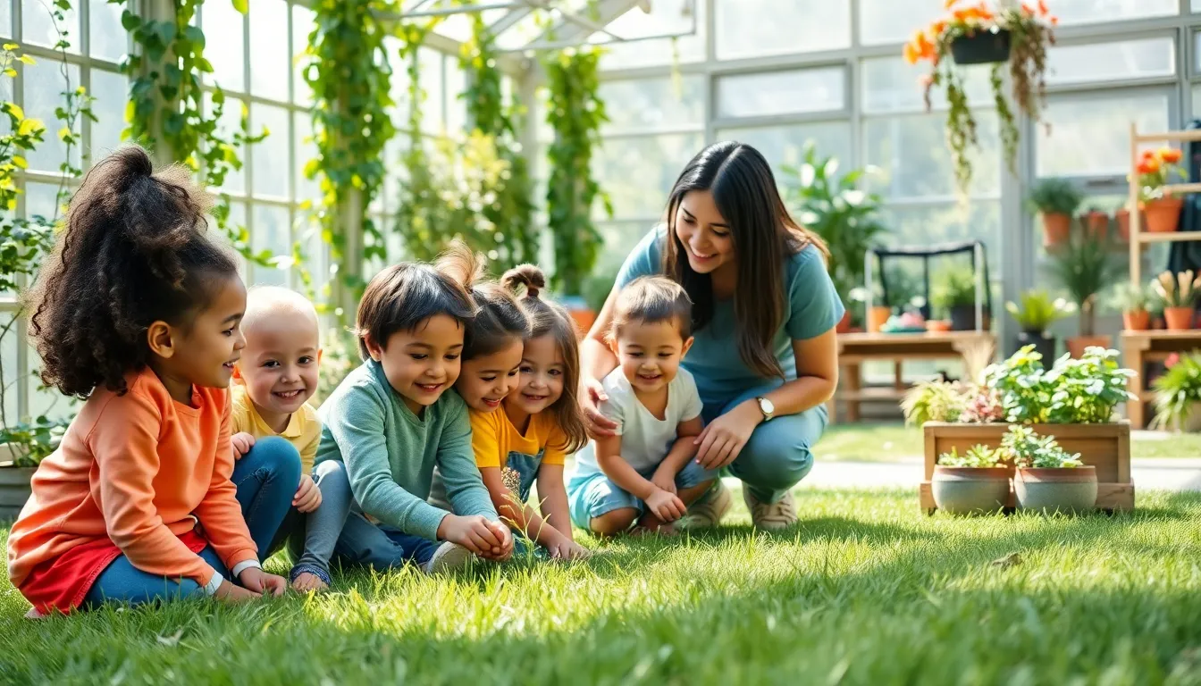 Children learning in a vibrant greenhouse preschool setting.