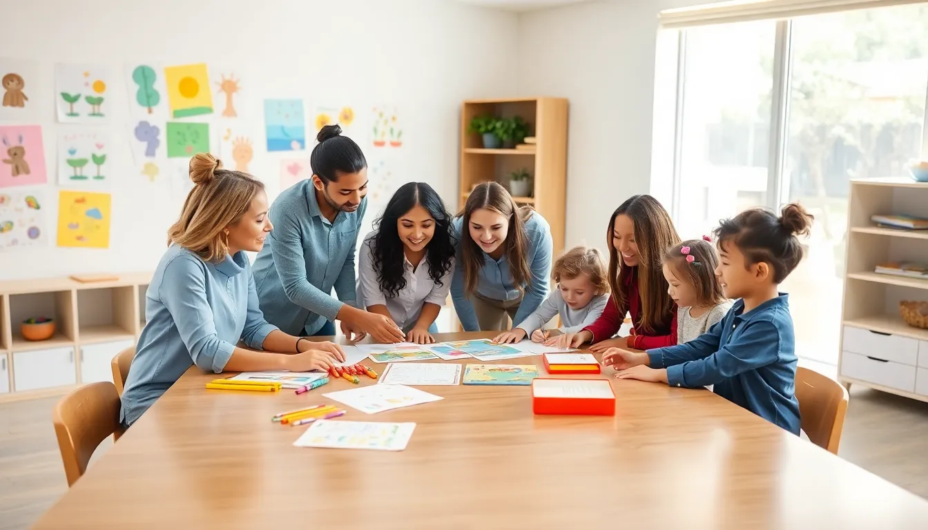diverse early childhood educators collaborating in a vibrant classroom