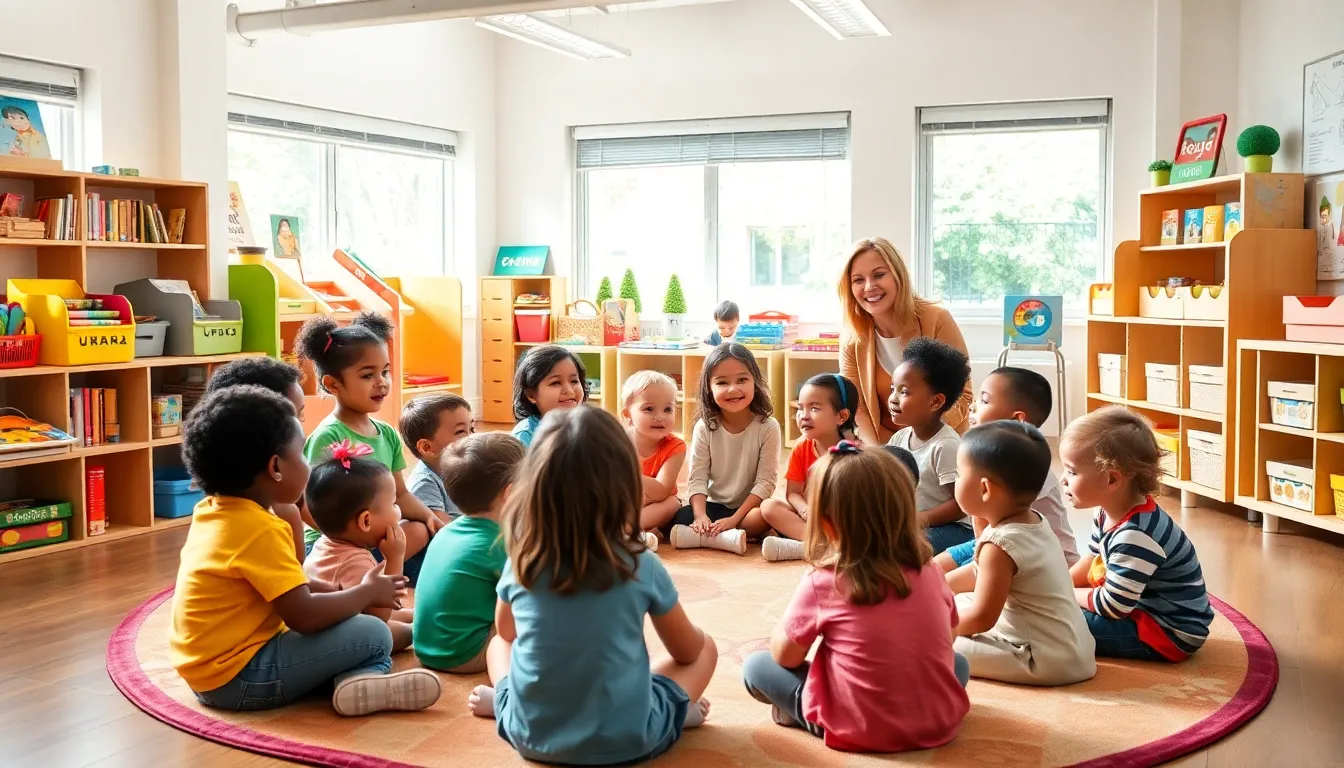 children in a colorful preschool classroom engaged in learning activities.